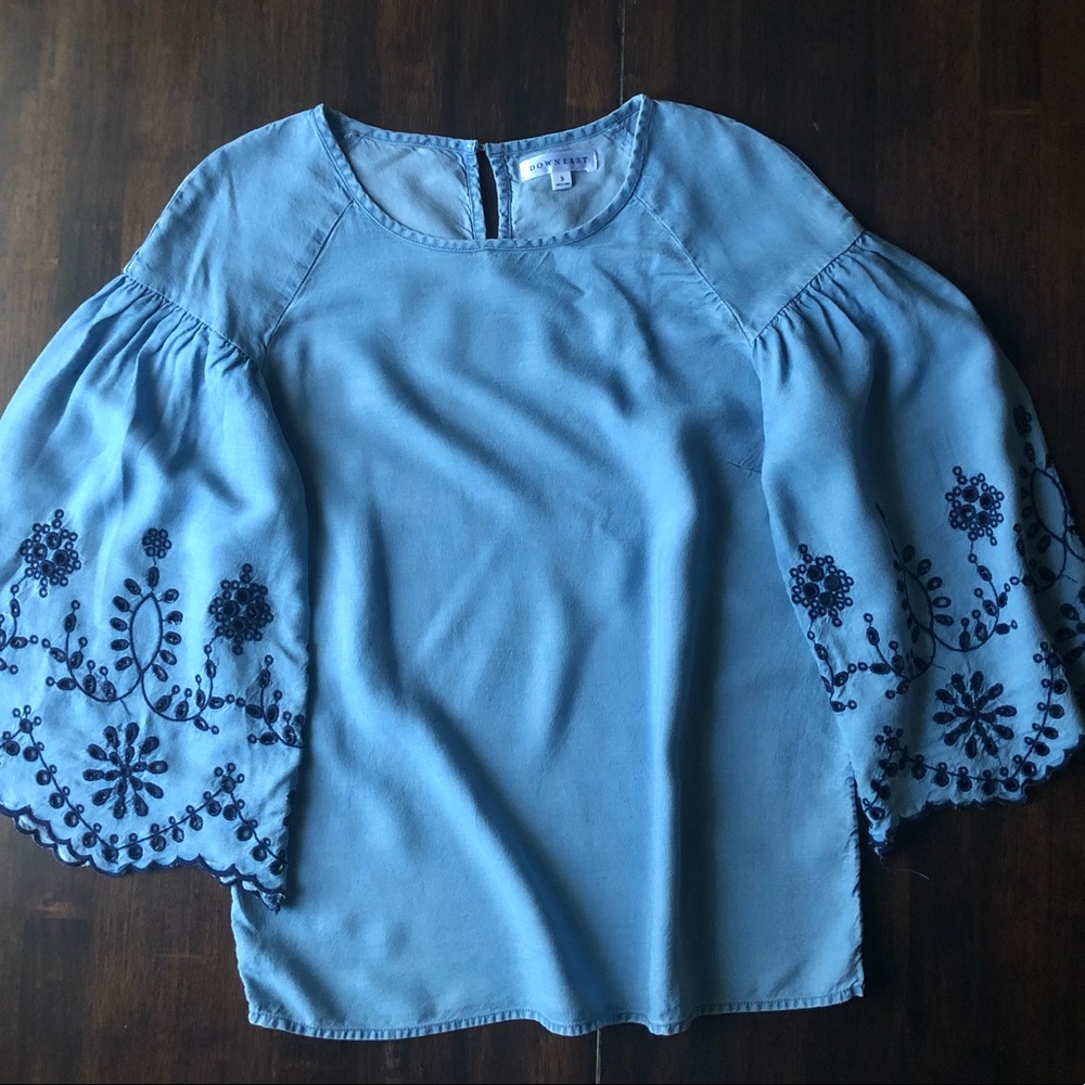 embroidered bell sleeve light chambray blouse - Picture 4 of 4